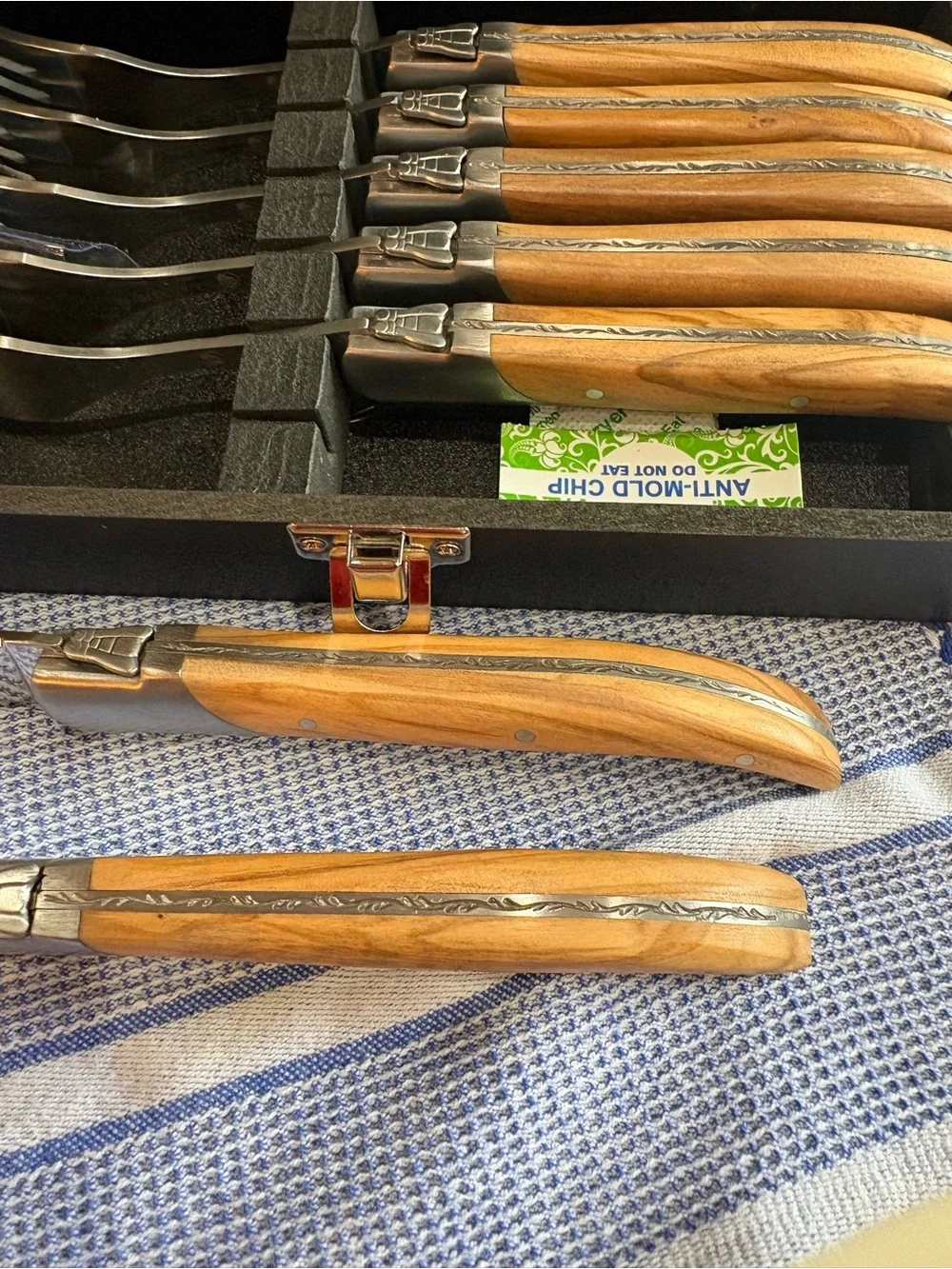 Laguiole Olive Wood Steak Knife & Fork Sets - Brown Wood Handles Set of 6 each
